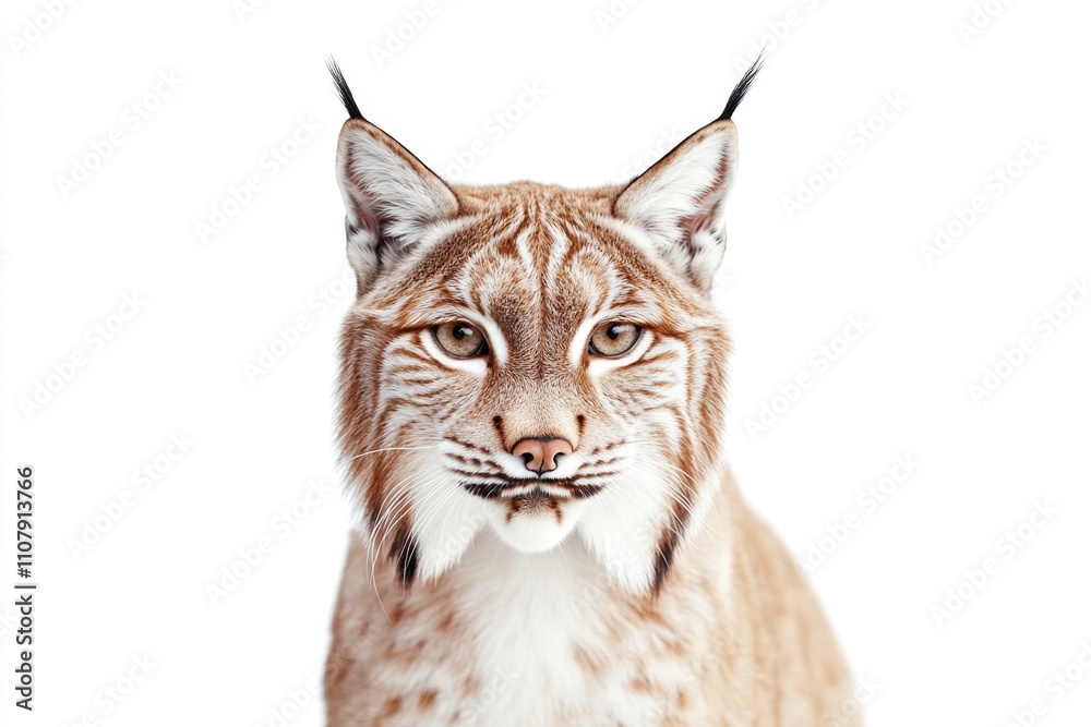 Poster a close-up shot of a lynx's face on a white background, ideal for use in wildlife or nature-themed p