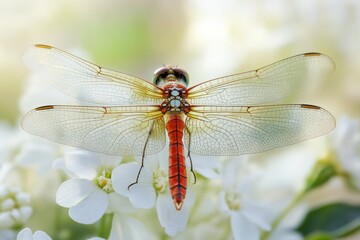 A dragonfly perched on a white flower, focusing on the intricate details