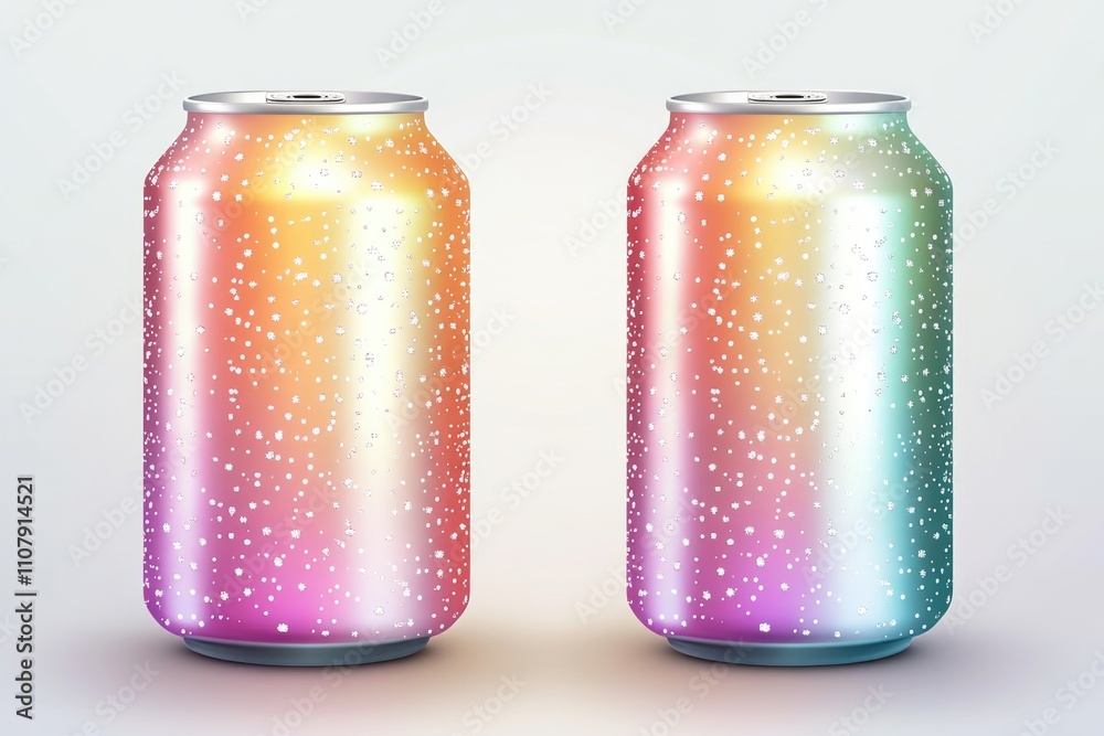Poster illustration of two cans of soda with a colorful tin featuring a rainbow design