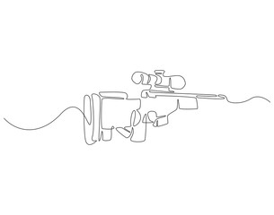 Obraz premium Continuous one line drawing of sniper rifle. One line drawing illustration of army weapon sniper. Military weapon, soldier equipment concept line art. Editable outline