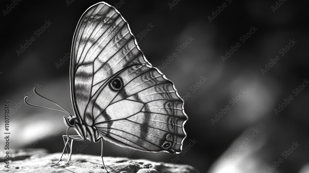 Poster close-up shot of a butterfly perched on a rock, with intricate details and textures visible
