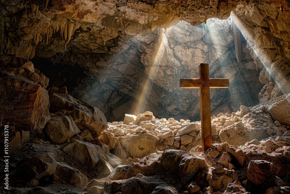 Poster a cross in the center of a cave