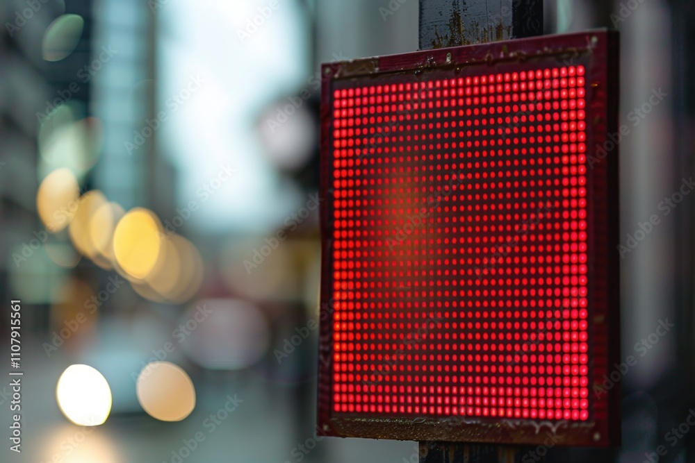 Poster a single red traffic light sits on the side of a busy street