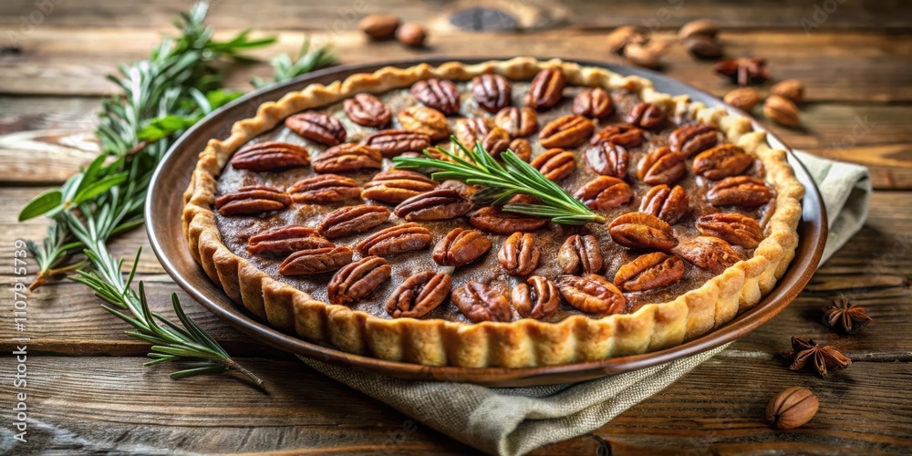 Poster a rustic pecan pie with a flaky crust and a garnish of fresh rosemary on a wooden table