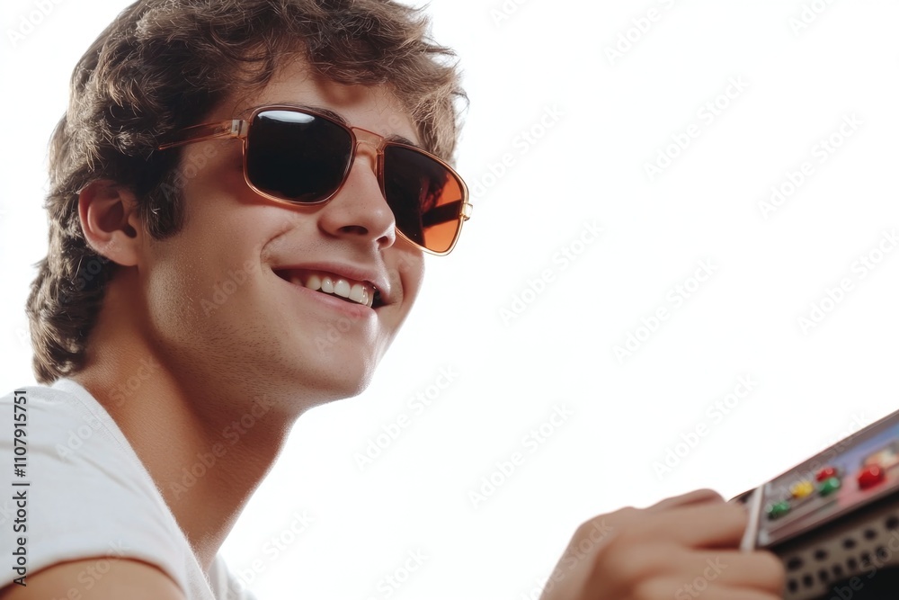 Poster a person holding a remote control while wearing sunglasses, possibly for a media or technology-relat