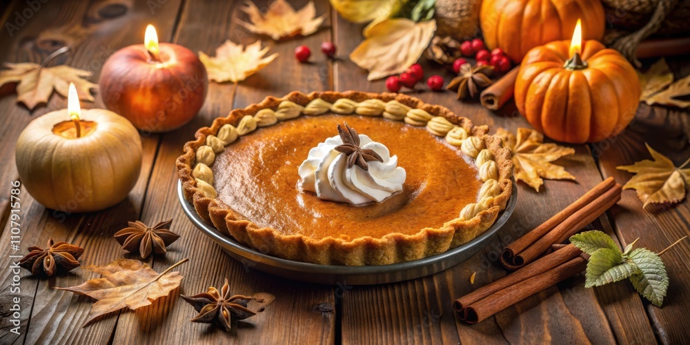 Poster a warm pumpkin pie with whipped cream and star anise, decorated with autumnal elements on a rustic w