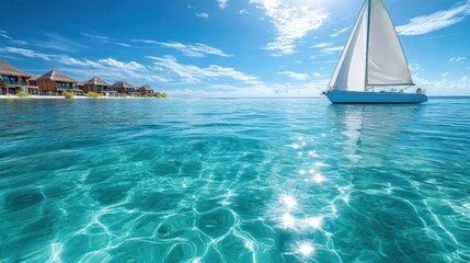 Fototapeta premium Luxury Sailboat in Tropical Paradise: Crystal Clear Waters and Overwater Bungalows