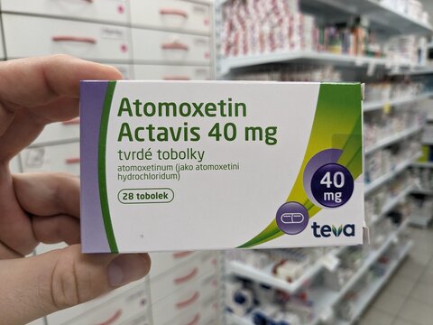 Prague, Czech Republic -November 30 2024:ATOMOXETIN ACTAVIS box of medication with ATOMOXETINE active substance by ACTAVIS, used for treatment of ADHD.	
