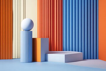 Obraz premium Abstract geometric composition featuring colorful vertical stripes and shapes.