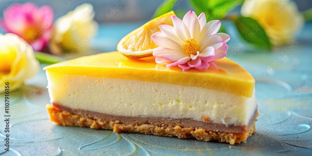 Poster a slice of lemon cheesecake topped with a delicate flower and a zest of citrus fruit