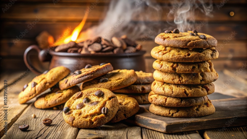 Poster a warm stack of freshly baked chocolate chip cookies, with a soft golden-brown color and a rich, ent