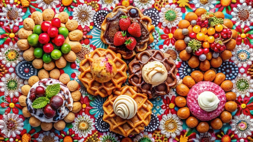 Poster A Festive Array of Mini Waffles, Topped with Whimsical Delights, Encircled by Colorful Confections, Creating a Visual Feast for the Senses