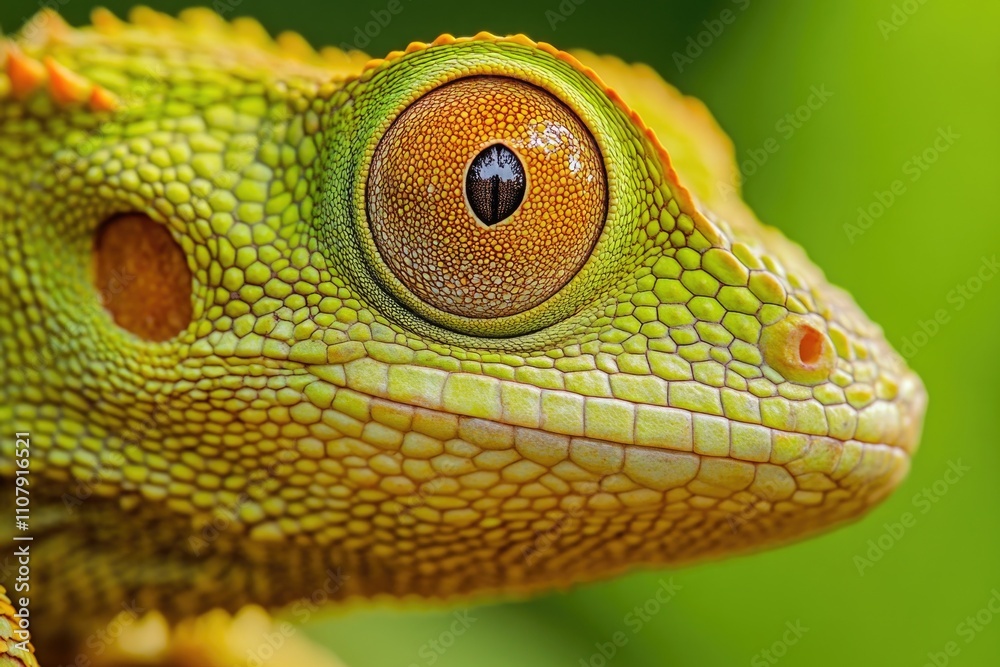Poster a close-up shot of a lizard's face on a green background