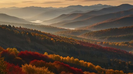Serene autumn mountain landscape with colorful foliage and mist-shrouded valley at sunrise.