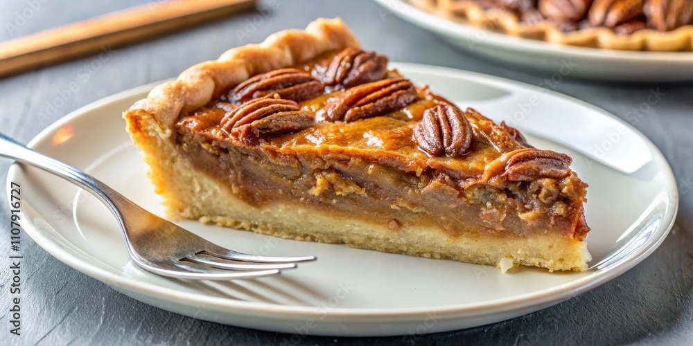 Poster a single slice of pecan pie on a white plate with a fork, ready to be enjoyed.