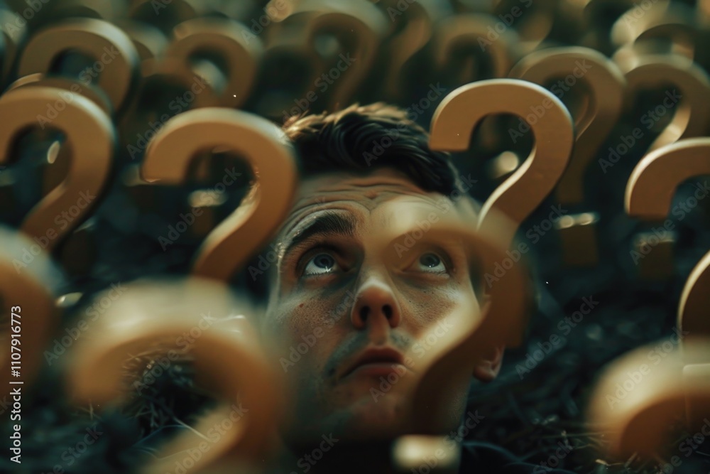 Poster a person standing amidst question marks in a green field, representing confusion or uncertainty
