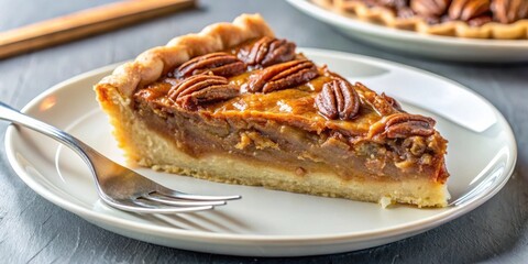 A single slice of pecan pie on a white plate with a fork, ready to be enjoyed.