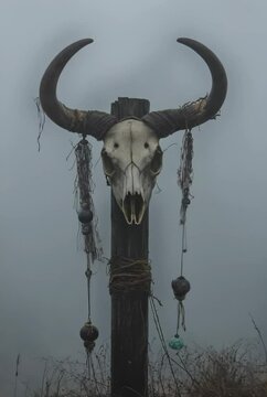 Elk or deer skull with horns hanging on a pole. Sacred pagan totem. Psychedelic scary ethnic element or hunting trophy. Winter solstice holiday. Yule, Imbolc, Samhain. Wiccan pagan religion. Vertical