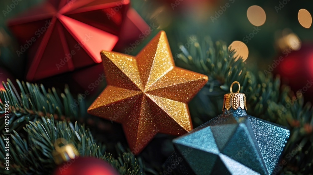 Poster a close-up view of a decorated christmas tree with ornaments