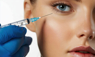 Woman receiving cosmetic injection for skin enhancement at clinic during daylight hours