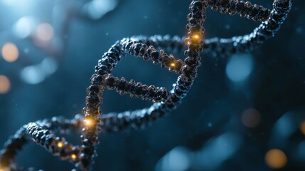 Abstract DNA Strand with Glowing Elements in Blue Background