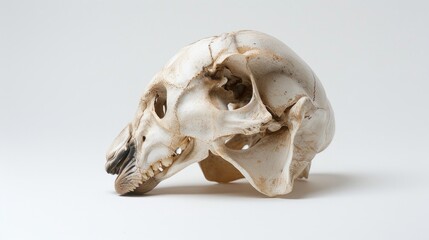 A close-up view of a skull on a white surface