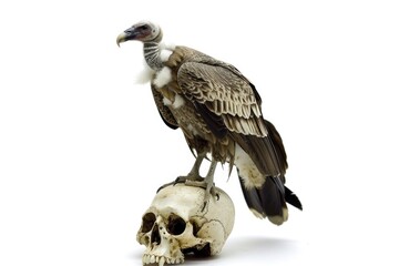 Obraz premium A vulture sits atop a human skull, often used in macabre or eerie contexts
