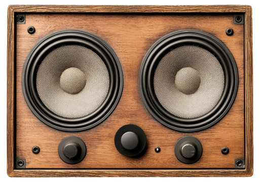 Wooden speaker with two large audio drivers and control knobs