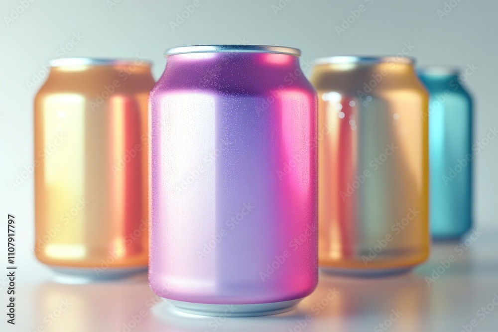 Poster a collection of colorful cans arranged on a table, ideal for use in still life photography or produc