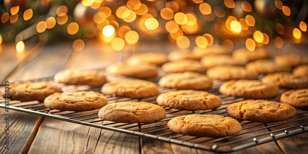 Poster golden brown cookies cooling on a wire rack with festive bokeh lights in the background