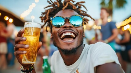 A joyful man with sunglasses and a refreshing drink, enjoying his time at a lively beachside, his...