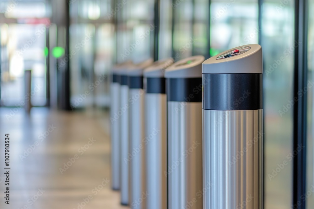 Poster row of metal poles leading up to a glass door, suitable for use as an entrance or exit point in vari
