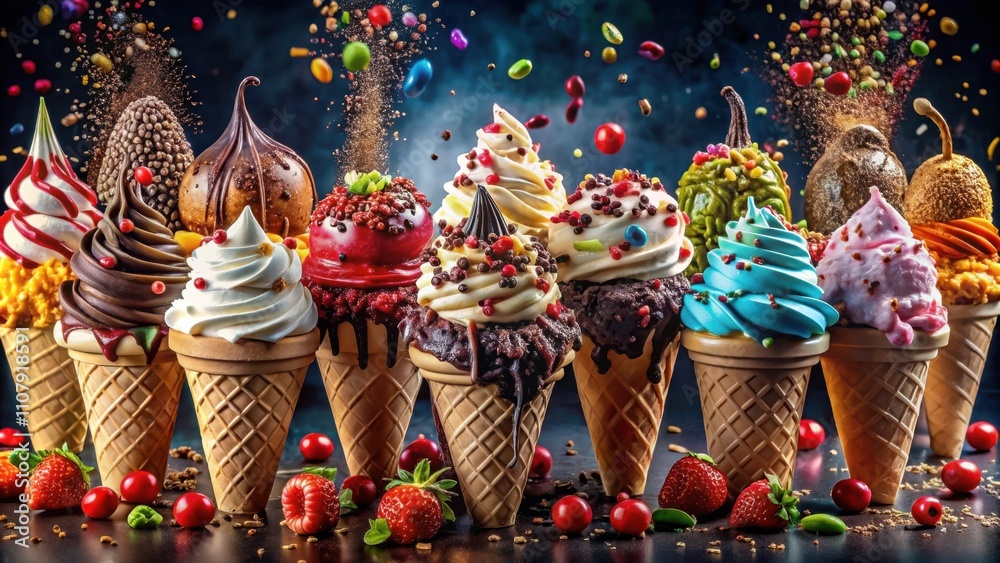 Poster A symphony of sweet delights, each ice cream cone adorned with a vibrant array of toppings, creating a visual feast that tantalizes the senses.