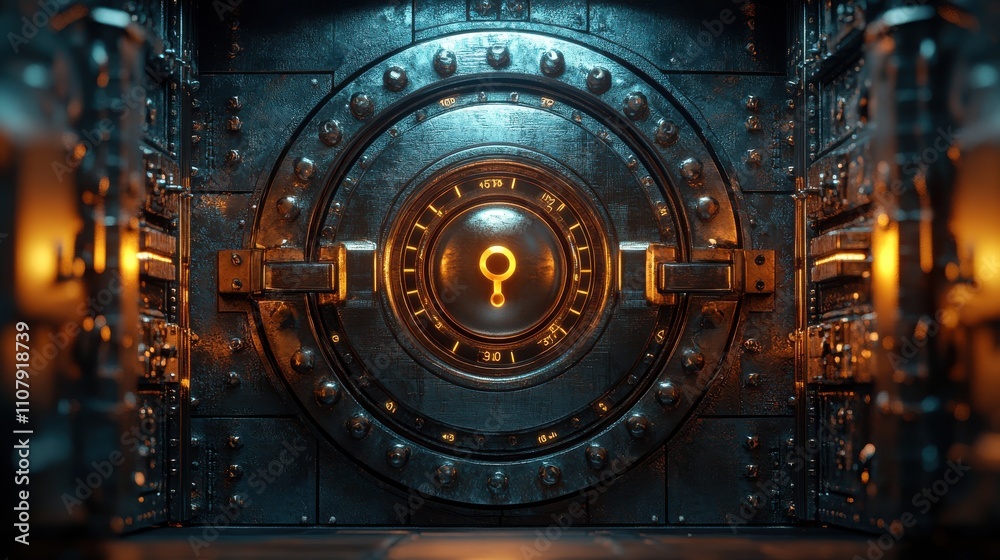 Poster safe box with digital sphere background 3d rendering
