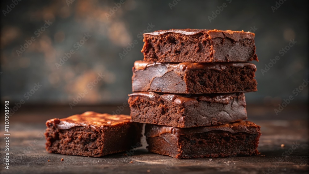 Poster A stack of four rich, fudgy brownies with a hint of chocolate frosting, sitting on a rustic wooden surface against a blurred background.