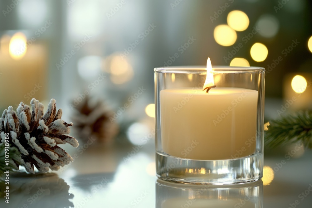 Poster a simple still life featuring a candle and pine cone on a wooden table