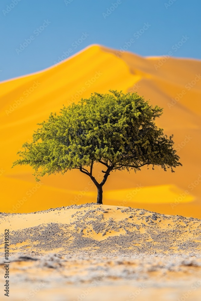 Poster a solitary tree standing alone in the middle of a desert landscape, ideal for use as a symbol or met