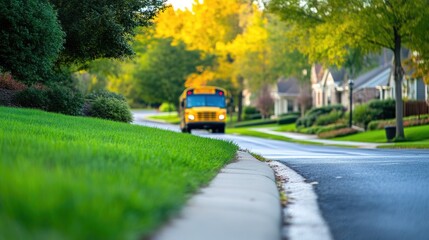 Obraz premium Early morning school bus turning down street