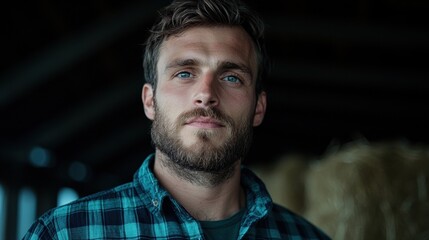 Fototapeta premium Close-up portrait of a young man with a beard and mustache. he is looking off to the side with a serious expression on his face. he has short, dark hair and is wearing a blue and green plaid shirt.
