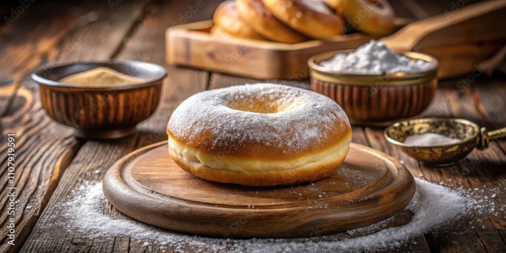 Poster a single glazed donut with powdered sugar on a wooden board, surrounded by a scatter of powdered sug
