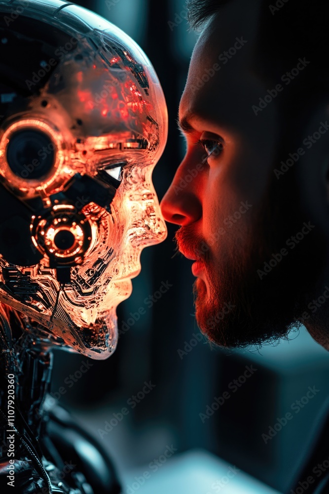 Poster a person studying a robot's skull, great for sci-fi or tech concepts