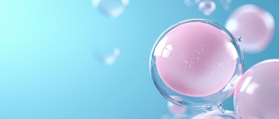 3d rendering of a group of pink bubbles floating in the air. the background is a solid light blue color, and the bubbles are of different sizes and shapes.