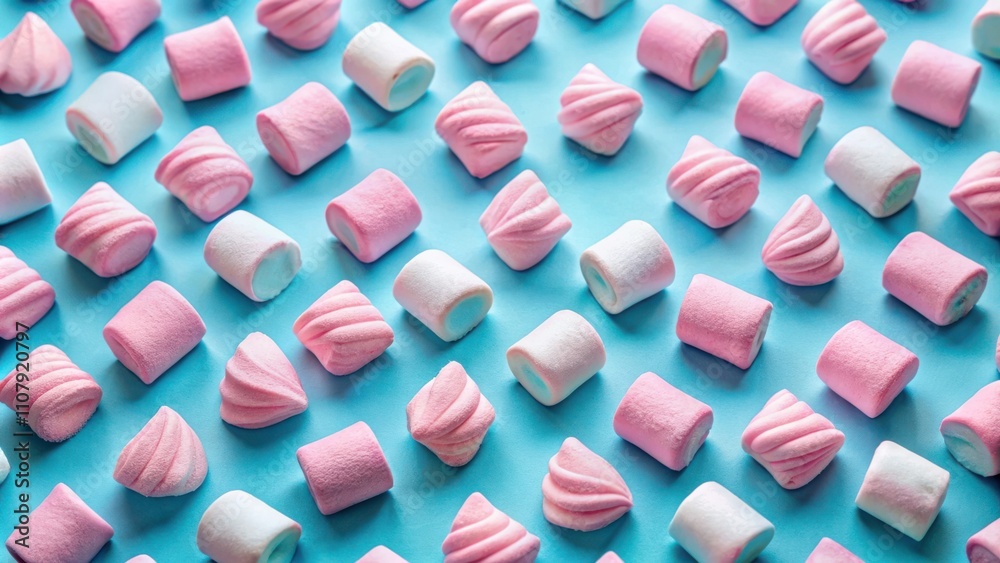 Poster A delightful pattern of pastel pink and white marshmallows arranged in a repeating pattern on a vibrant blue background.