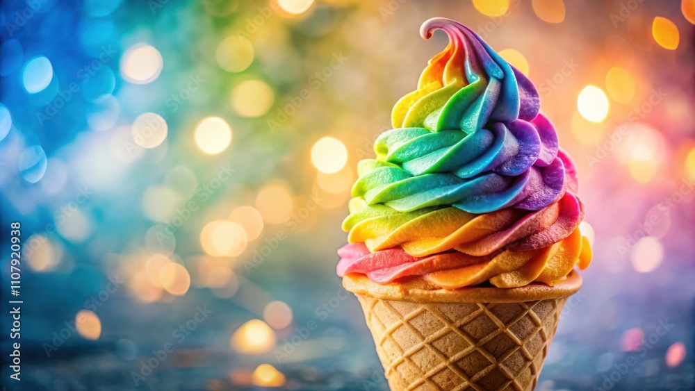 Poster A Rainbow Soft Serve Ice Cream Cone with a Blurry Bokeh Background of Warm Lights