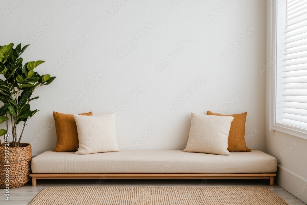 Poster modern minimalist meditation area with neutral tones and open space for branding