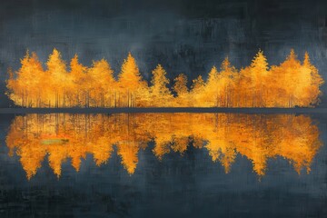 Obraz premium Golden leaves reflected in water under a dark sky. Modern art portraying a golden-toned forest landscape