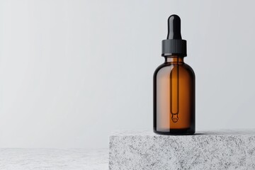 Amber dropper bottle standing on stone podium for skincare product display