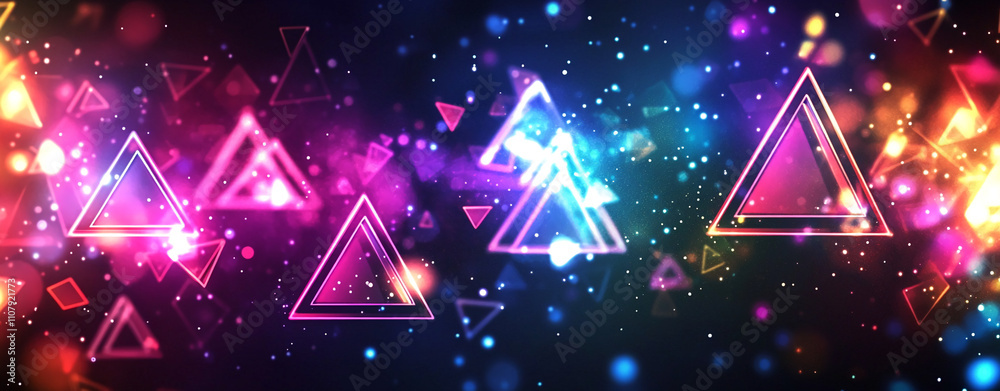 Aufkleber Colorful abstract shapes with glowing triangles and scattered lights create a vibrant visual experience in a digital artwork