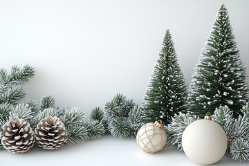 Christmas trees, Christmas decoration ball and pine cone on white background with snow. minimalist style, simple design, with copy space for sale banner or product presentation 