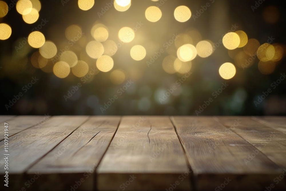 Poster a wooden table with soft lighting in the background, ideal for use as a props or set decoration